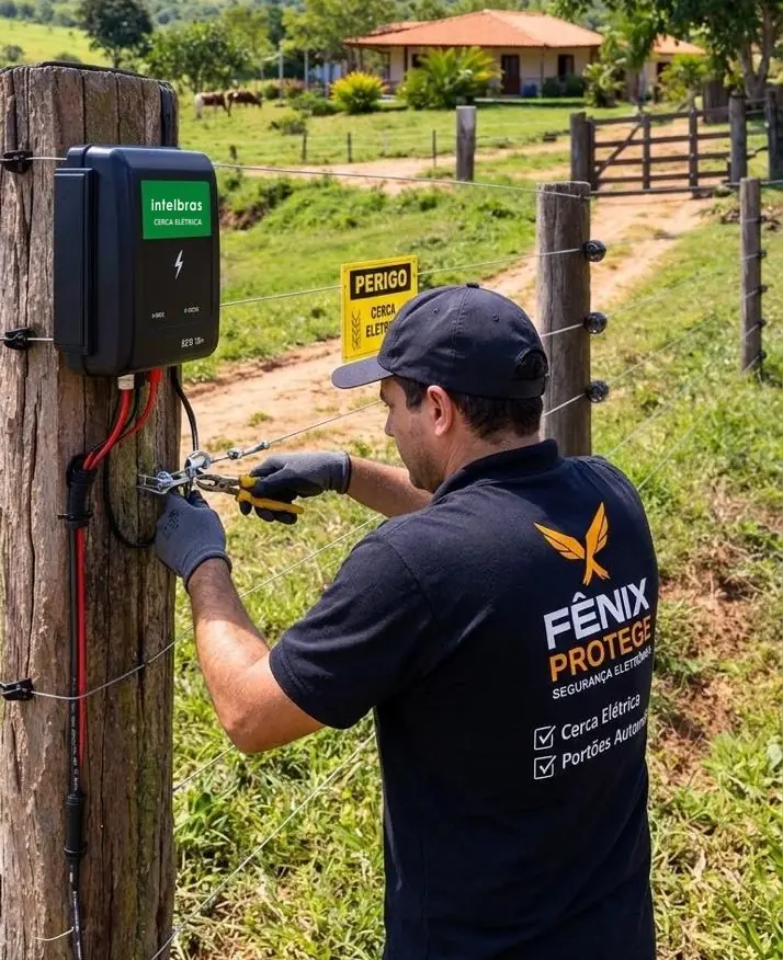 Técnico da Fênix Protege instalando a central da cerca elétrica em um mourão de madeira, em propriedade rural