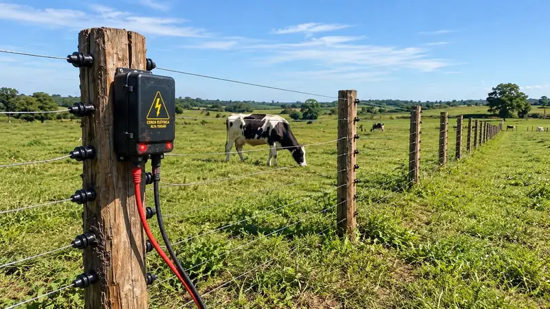 Central de choque com placa de alta tensão em mourão de madeira e vaca pastando ao lado da cerca elétrica rural