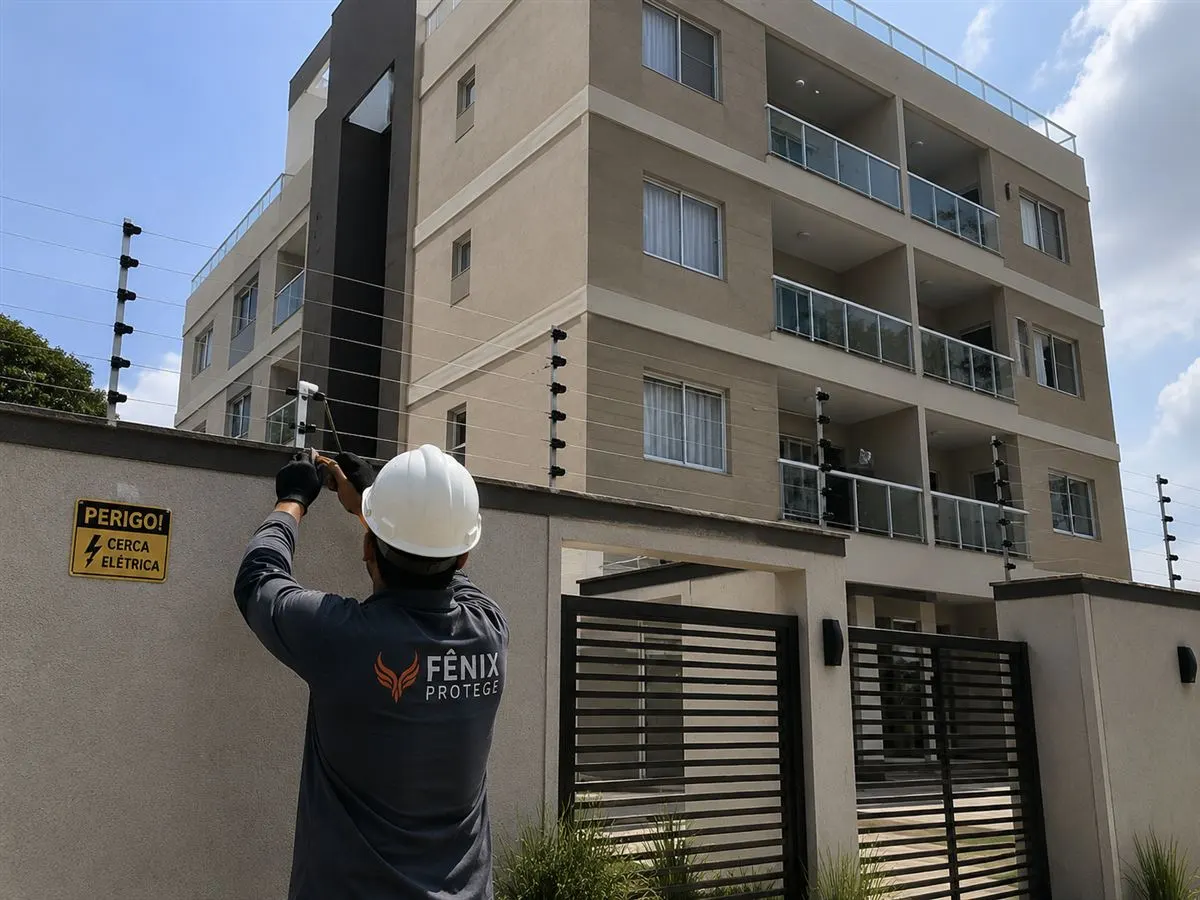 Técnico da Fênix Protege instalando cerca elétrica no muro de um prédio