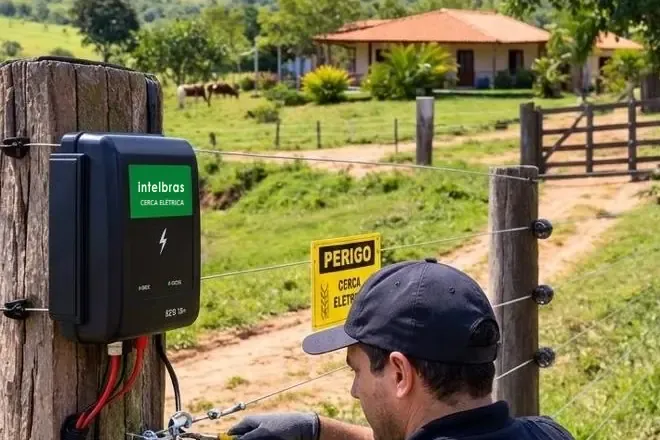 Técnico da Fênix Protege instalando a central Intelbras da cerca elétrica em um mourão, com os fios da cerca ao lado