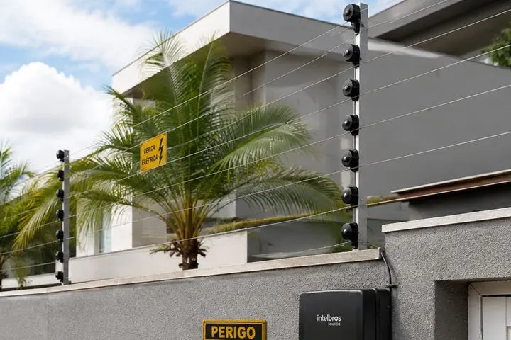 Fios e isoladores da cerca elétrica no alto do muro, com uma palmeira crescendo perto da fiação