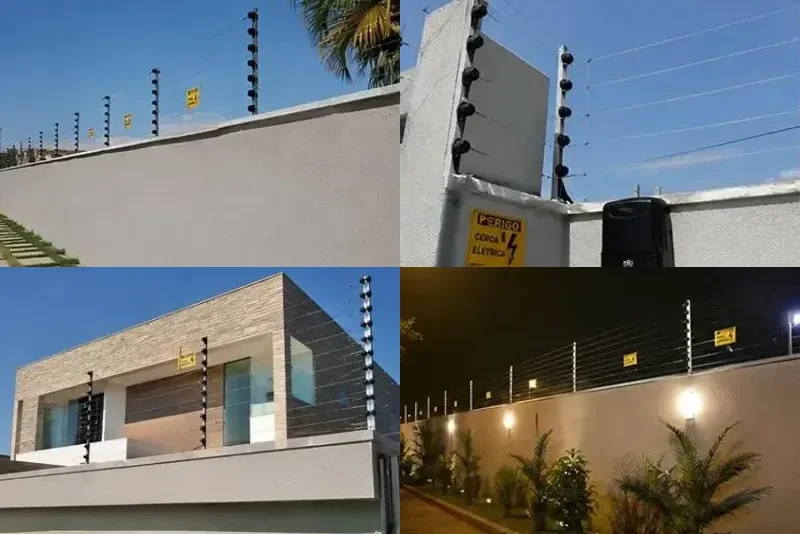 Quatro exemplos de cerca elétrica instalada em muros de casas, com placas de advertência e eletrificador