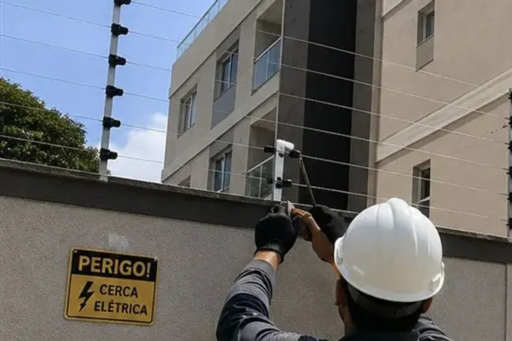 Técnico da Fênix Protege ajustando a cerca elétrica no alto do muro, ao lado da placa de perigo