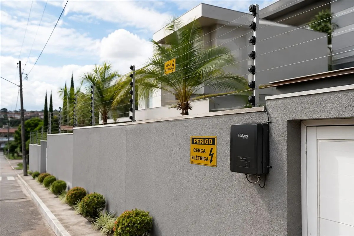 Cerca elétrica residencial instalada no muro de uma casa