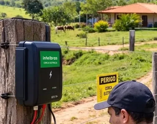 Central de cerca elétrica com placa de perigo em mourão de madeira, com técnico trabalhando nos fios e uma casa de sítio ao fundo